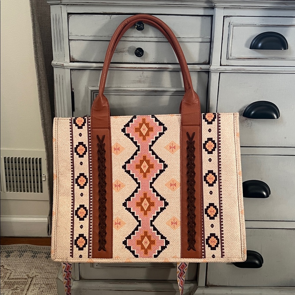 Boho Geometric Tote Bag with Brown Handles
